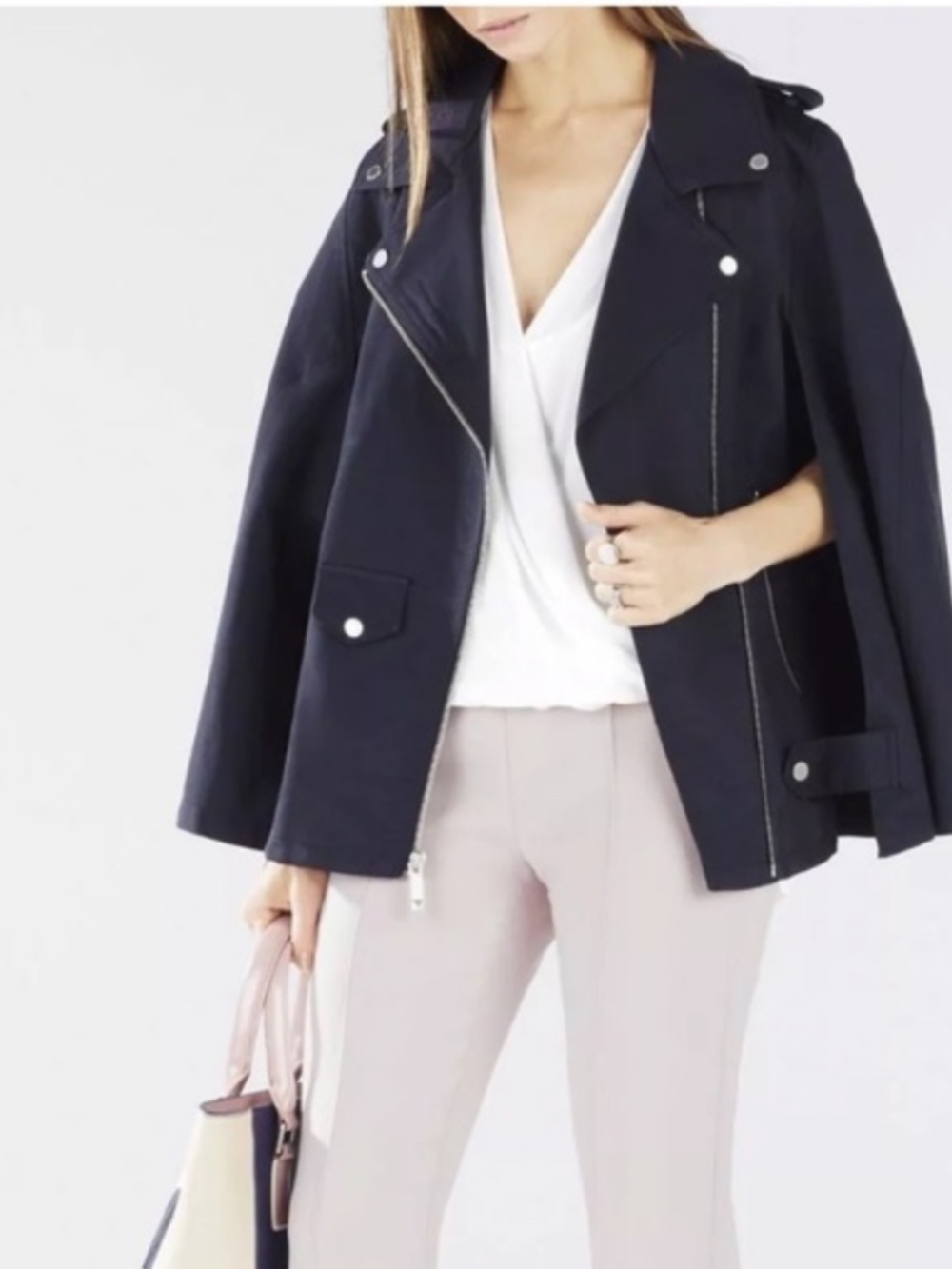 NEW! BCBG Dominique Snap Detail Black Zip Front Cape Jacket Size XS